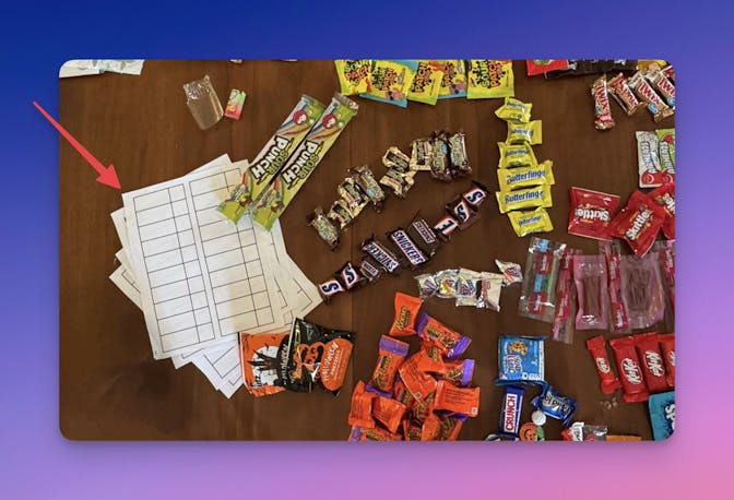 Candy haul paper record sheets for counting